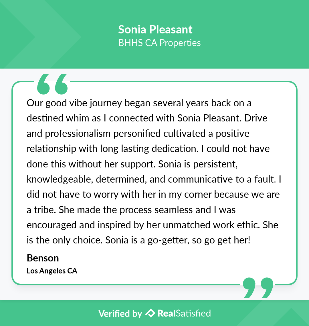RealSatisfied client testimonial for Sonia Pleasant from Marquel Benson